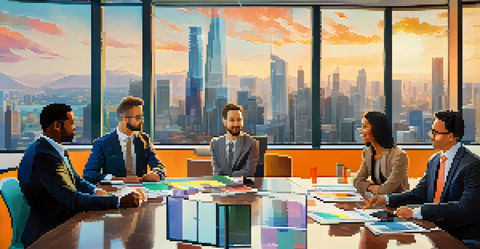 A diverse team of professionals in a modern conference room discussing Bitcoin investment strategies, with a city skyline visible through a large window.