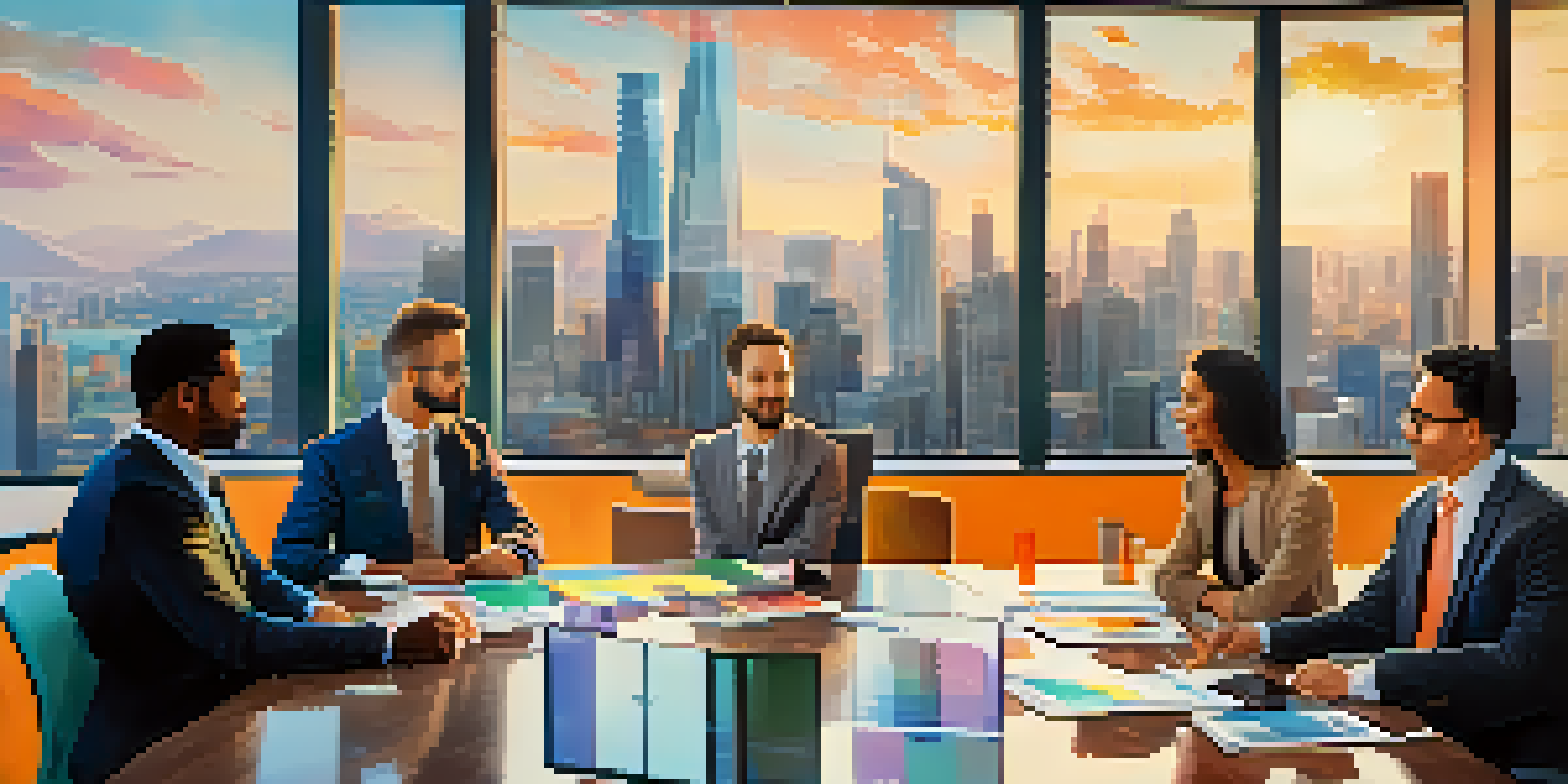 A diverse team of professionals in a modern conference room discussing Bitcoin investment strategies, with a city skyline visible through a large window.
