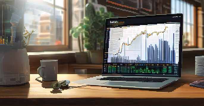 A Bitcoin coin on a wooden desk with financial charts and a laptop showing market trends, illuminated by natural light.