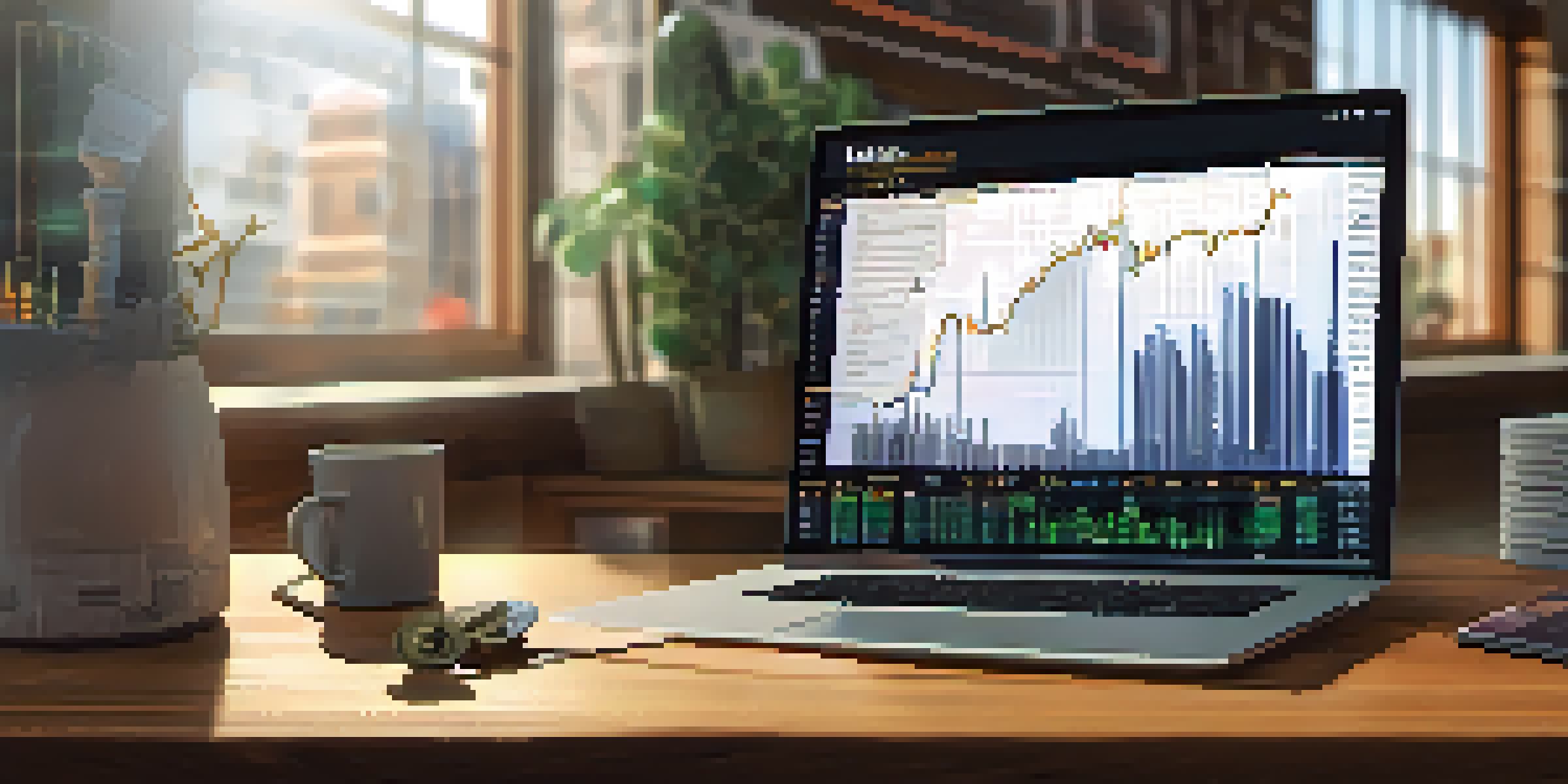 A Bitcoin coin on a wooden desk with financial charts and a laptop showing market trends, illuminated by natural light.