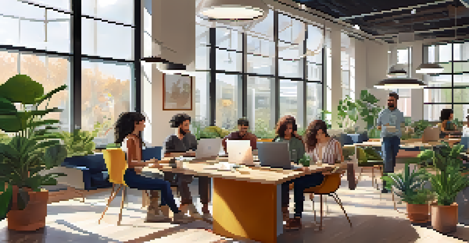A co-working space with diverse digital nomads collaborating, surrounded by modern furniture and plants, with natural light streaming in.