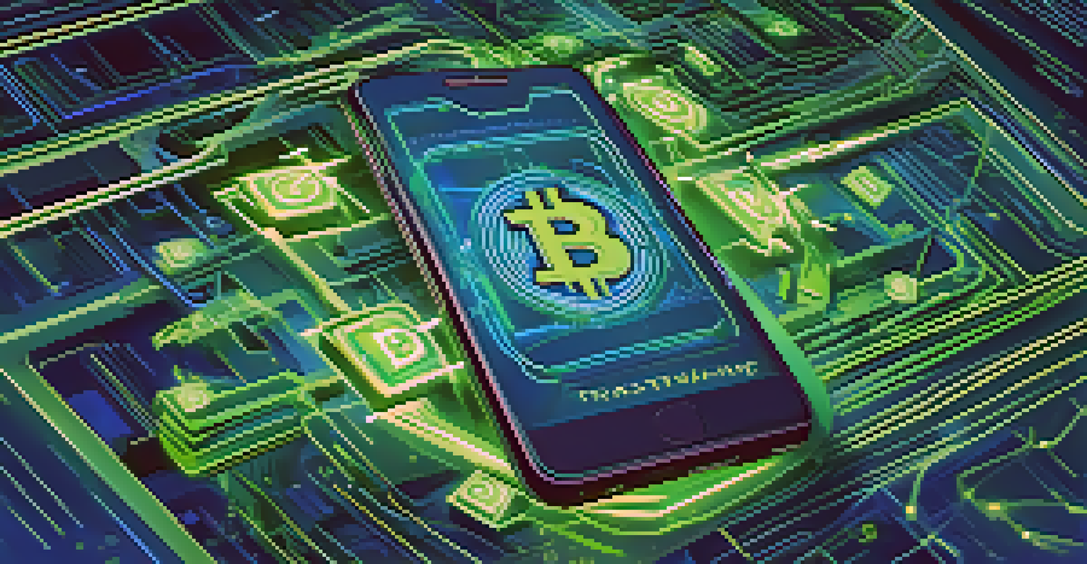 A smartphone displaying a digital wallet with Bitcoin symbols and arrows, representing instant transactions.