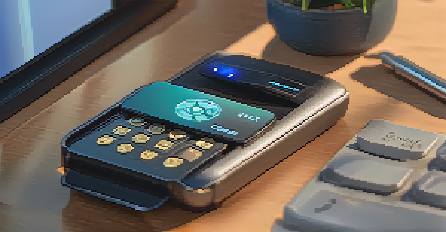A close-up of a hand holding a hardware wallet, featuring the secure PIN input screen against a cozy home office background.
