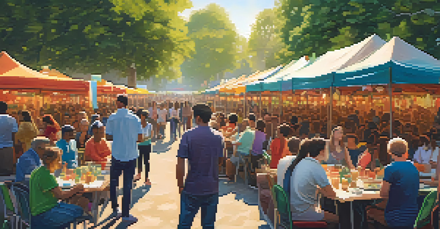 A community gathering in an outdoor market discussing decentralized identity solutions with colorful stalls and warm sunlight.