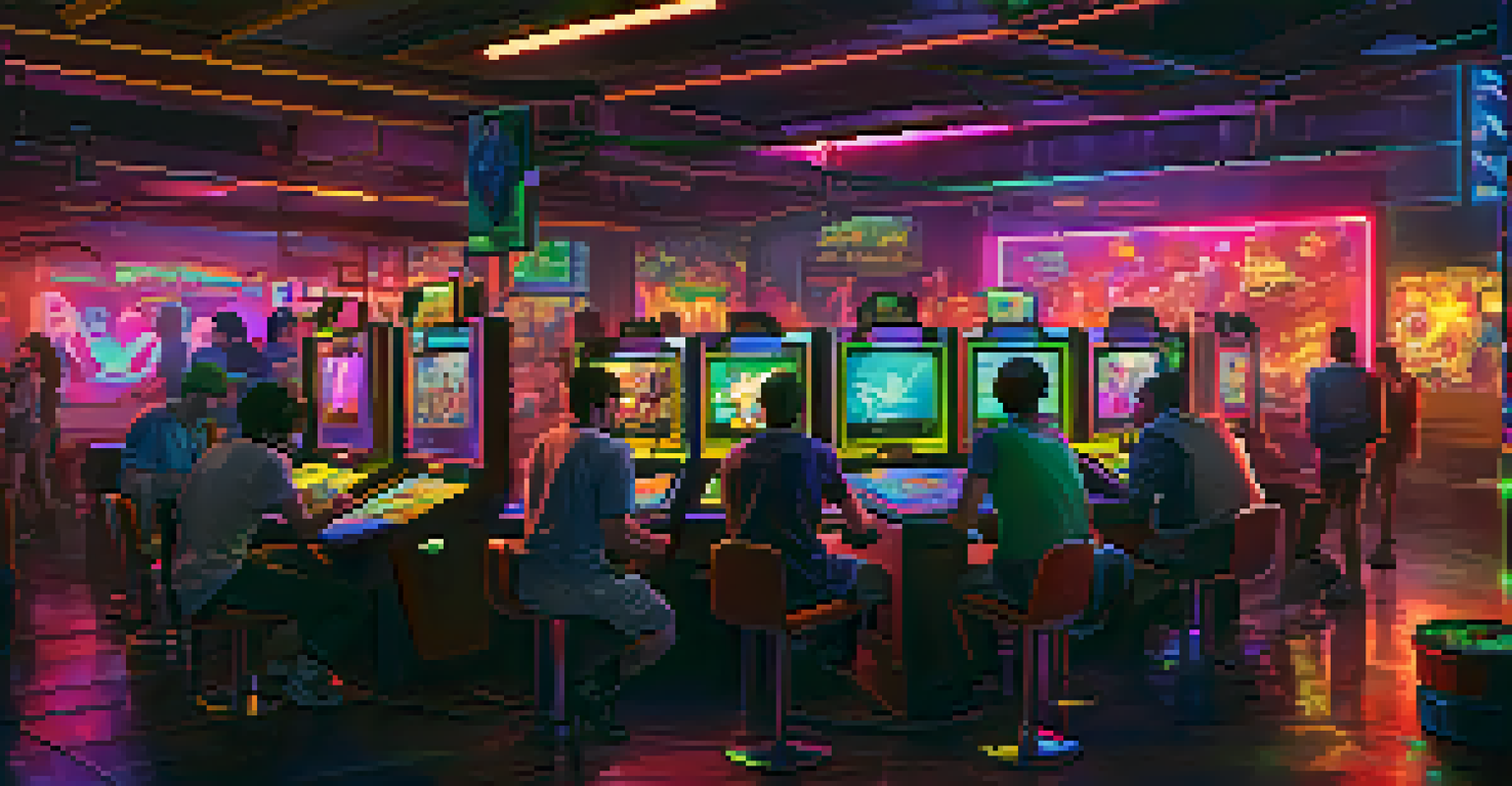 Players in a dimly lit room with neon lights, intensely focused on a fast-paced online game displayed on their screens.