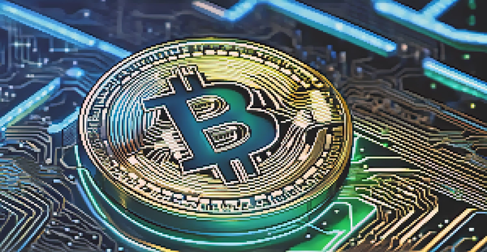 A detailed close-up of a Bitcoin coin on a digital circuit board, illuminated by soft blue and green lighting.