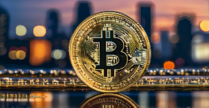 A close-up of a Bitcoin coin on a reflective surface with a blurred city skyline in the background at dusk.