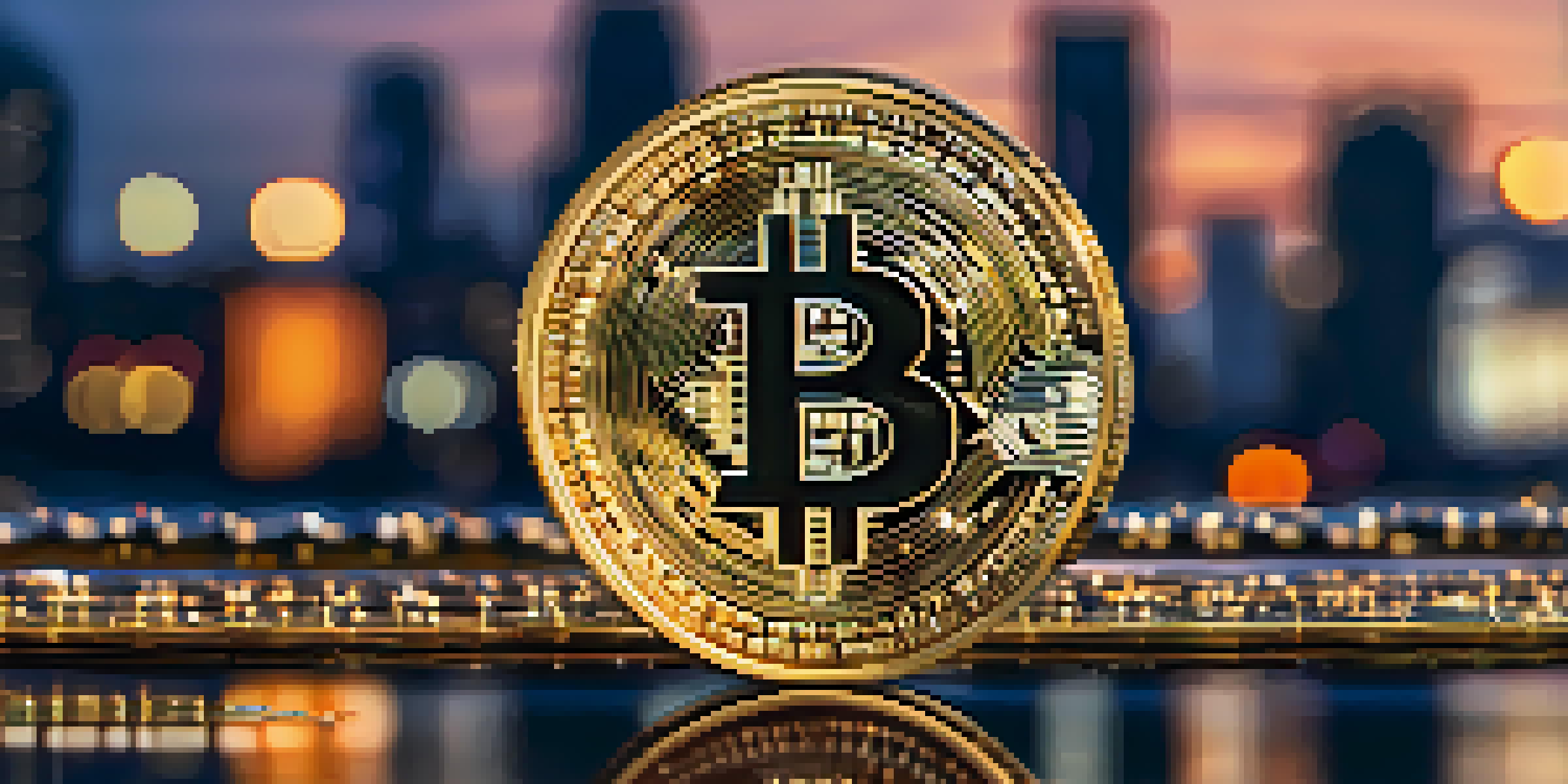 A close-up of a Bitcoin coin on a reflective surface with a blurred city skyline in the background at dusk.