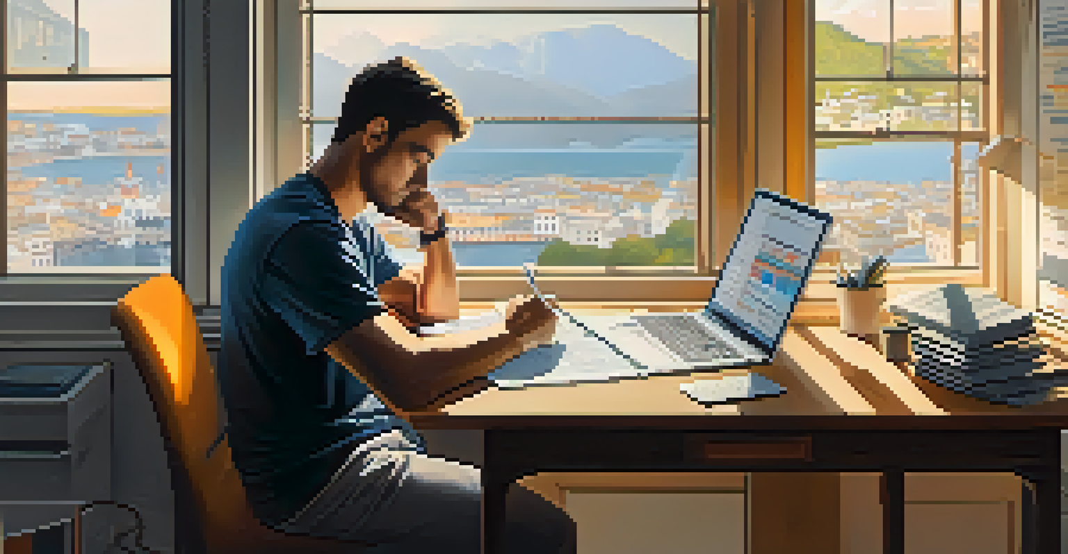 A person at a desk with financial documents and a laptop showing Bitcoin trading, illuminated by soft natural light from a window.