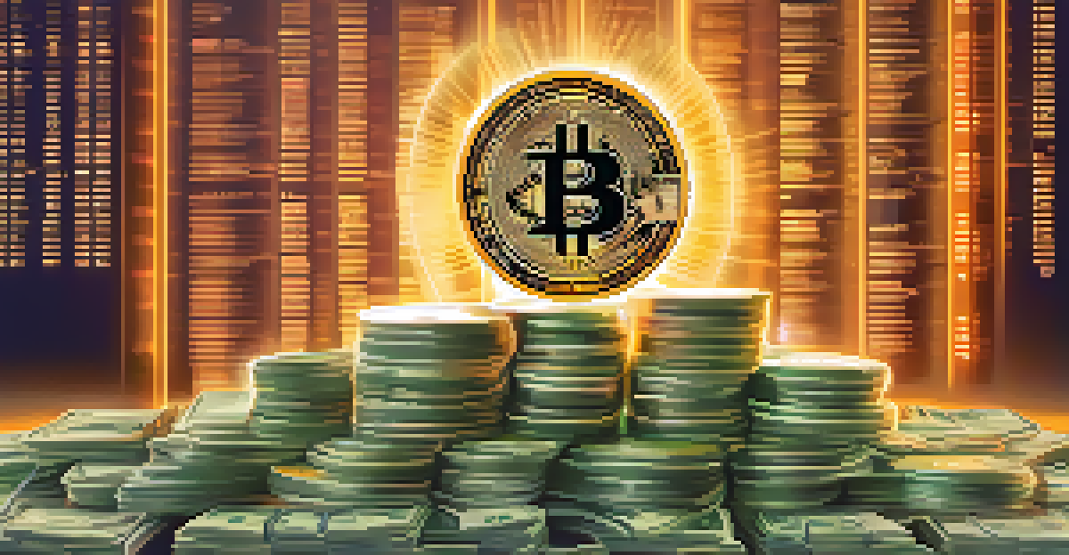 An abstract image showing a digital scale with a Bitcoin and stacks of currency notes, representing economic stability versus inflation.