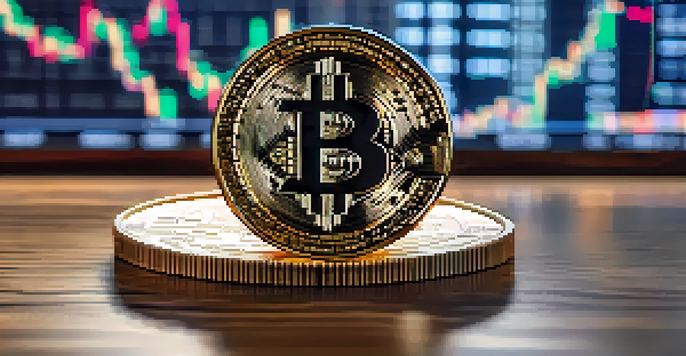 A close-up of a Bitcoin coin on a wooden table, with a blurred stock market graph in the background.