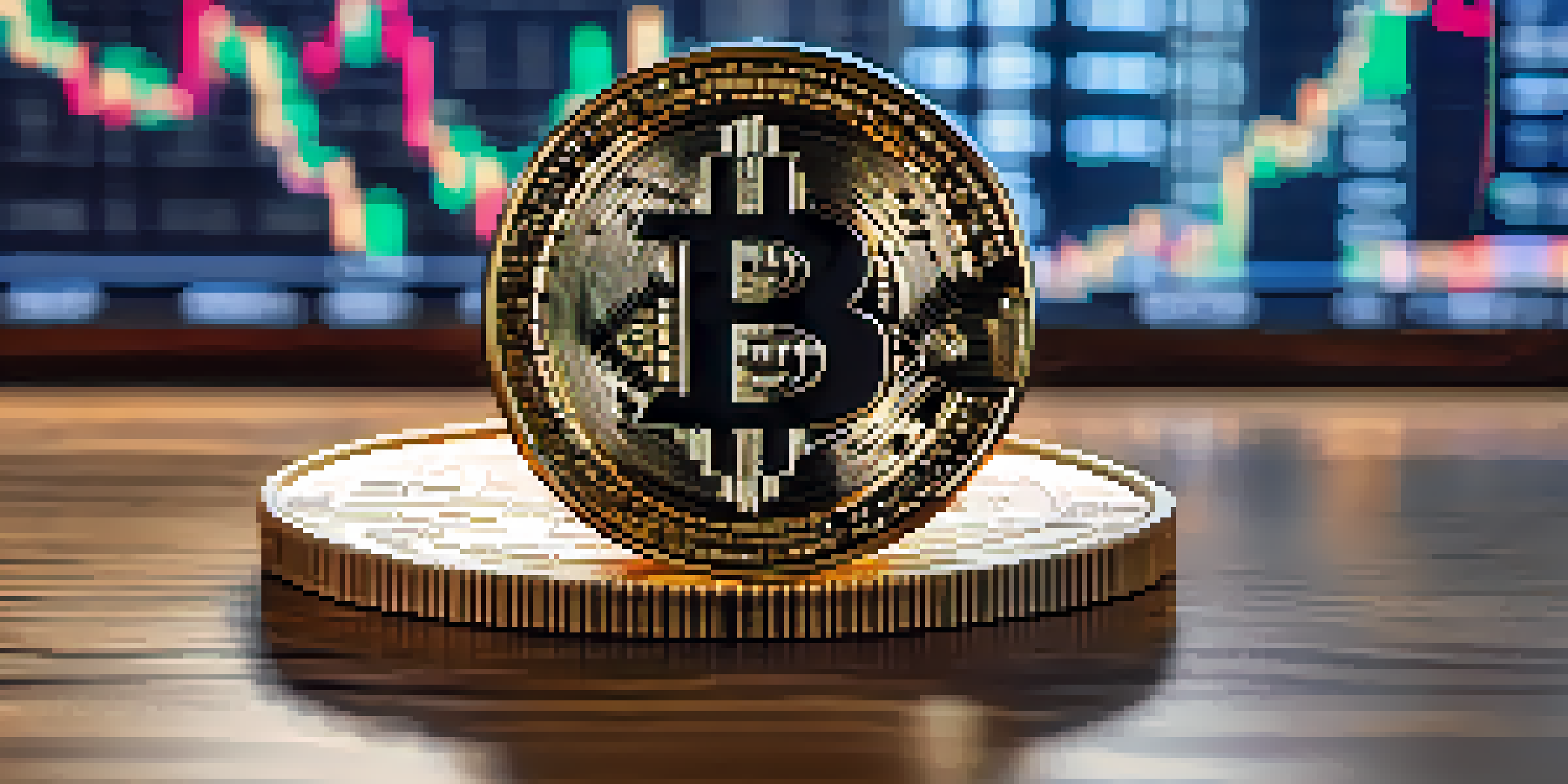 A close-up of a Bitcoin coin on a wooden table, with a blurred stock market graph in the background.