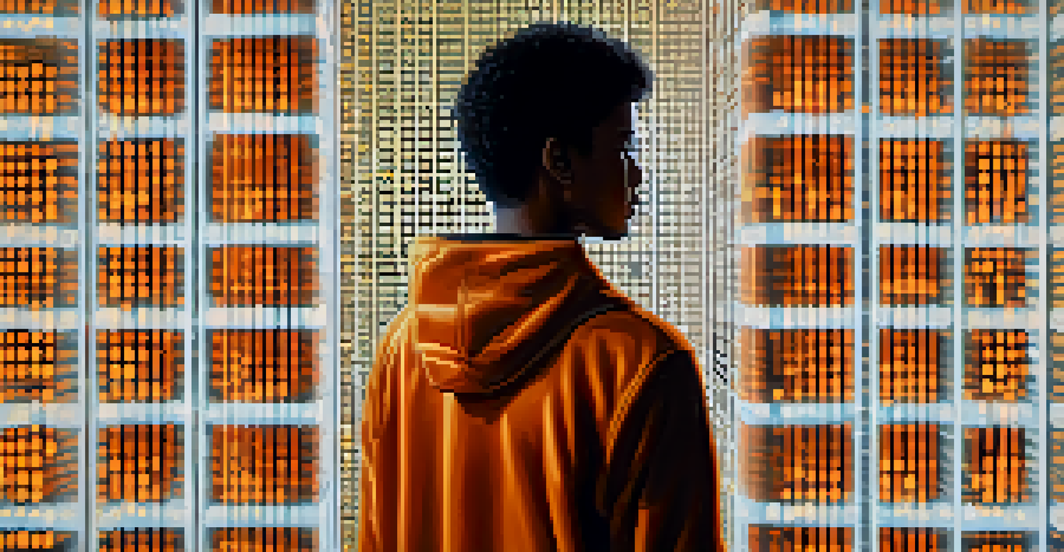 A person standing in front of a digital shield made of binary code and blockchain patterns, representing secure digital identity.