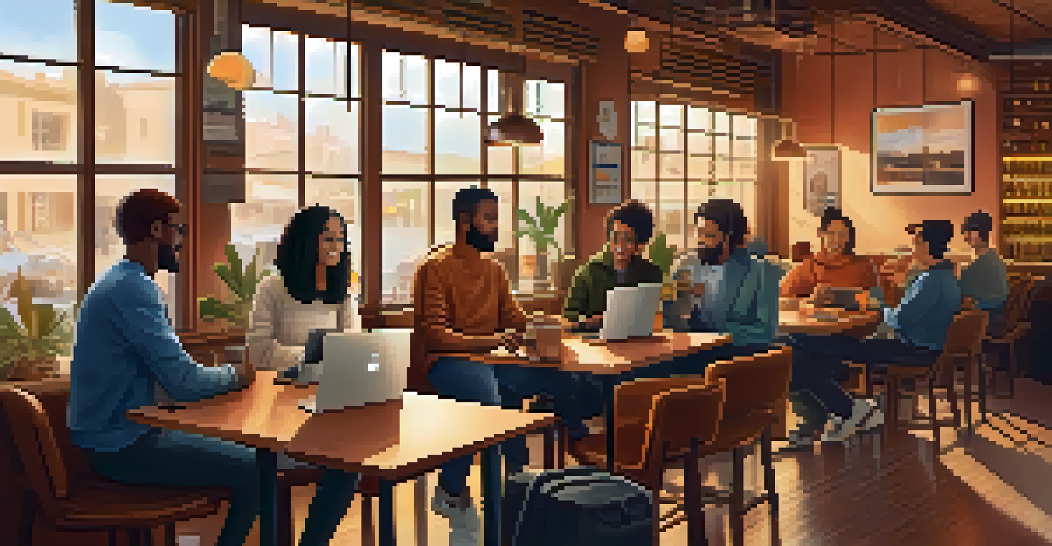 A group of diverse remote workers in a café, using laptops and discussing Bitcoin with coffee cups on the table.