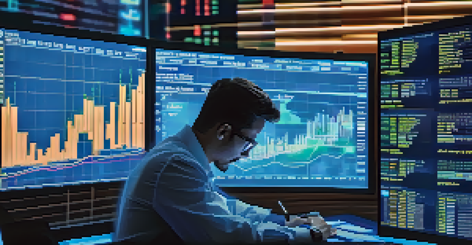 A stock market trading screen displaying Bitcoin prices with a trader analyzing the data.