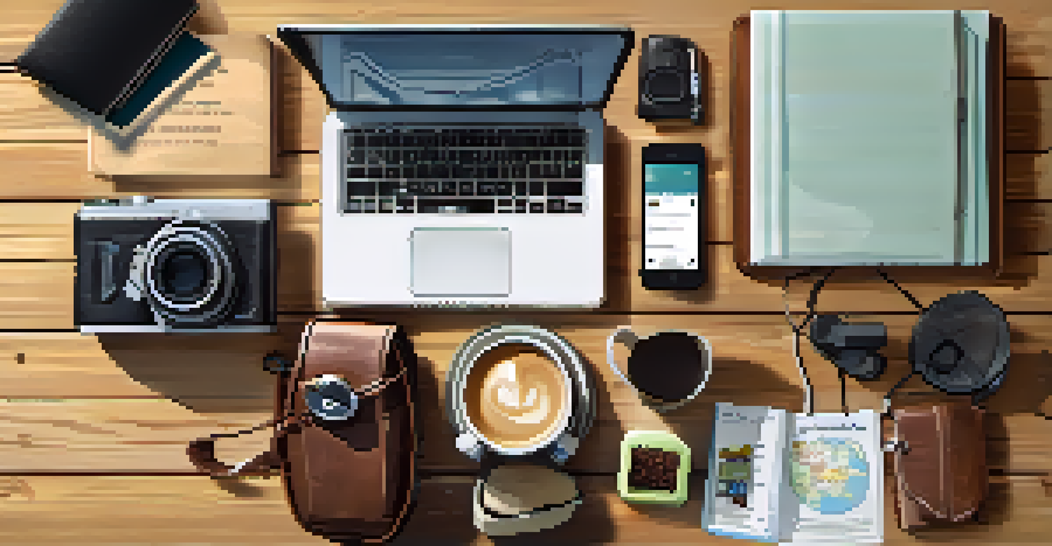 An overhead view of travel essentials for a digital nomad, including a passport, laptop, and coffee cup on a wooden table.