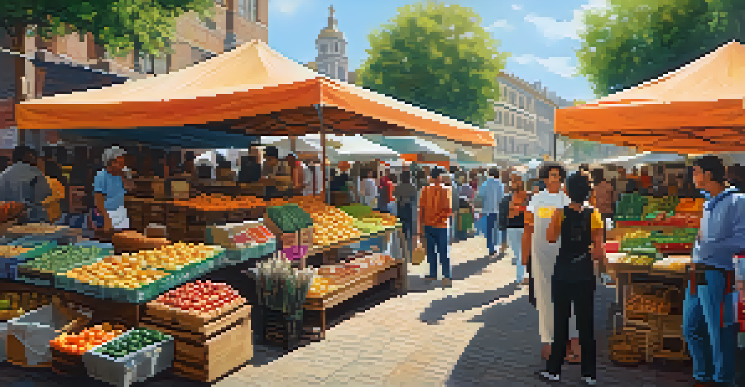 An outdoor market with vendors, one displaying a sign for Bitcoin payments and a QR code, surrounded by colorful tents and busy shoppers.