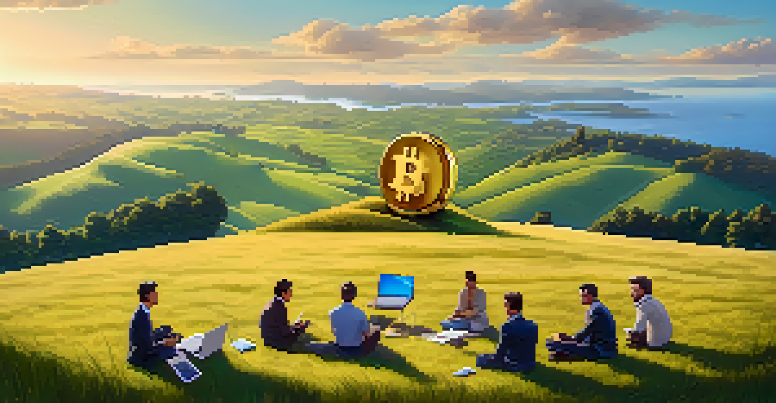 A giant gold Bitcoin symbol on a grassy hill, with traders using laptops below in a serene landscape.