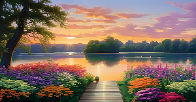 A tranquil lake at sunset with a wooden dock and colorful potted flowers, reflecting the golden hues of the sky.