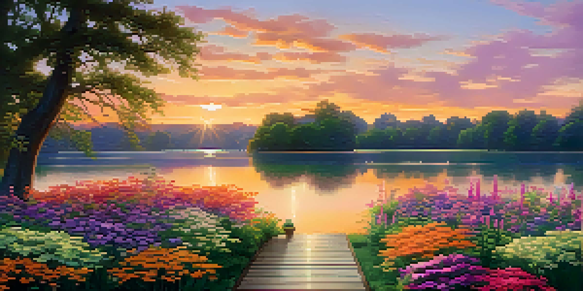 A tranquil lake at sunset with a wooden dock and colorful potted flowers, reflecting the golden hues of the sky.