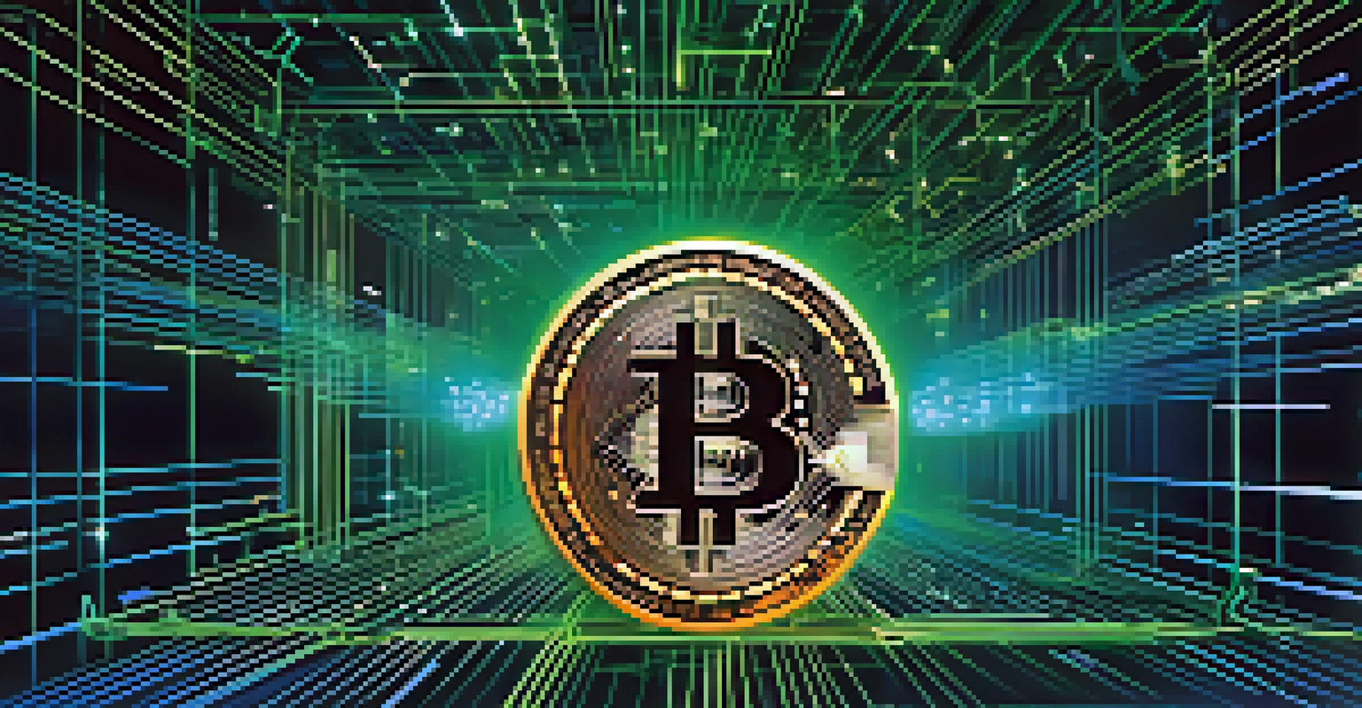 An abstract image showing interconnected blocks representing Bitcoin's blockchain technology with glowing lines in a dark digital background.