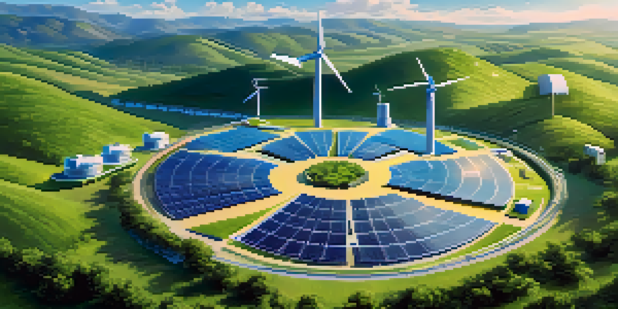 A scenic view of a Bitcoin mining facility with wind turbines and solar panels surrounded by green hills under a blue sky.