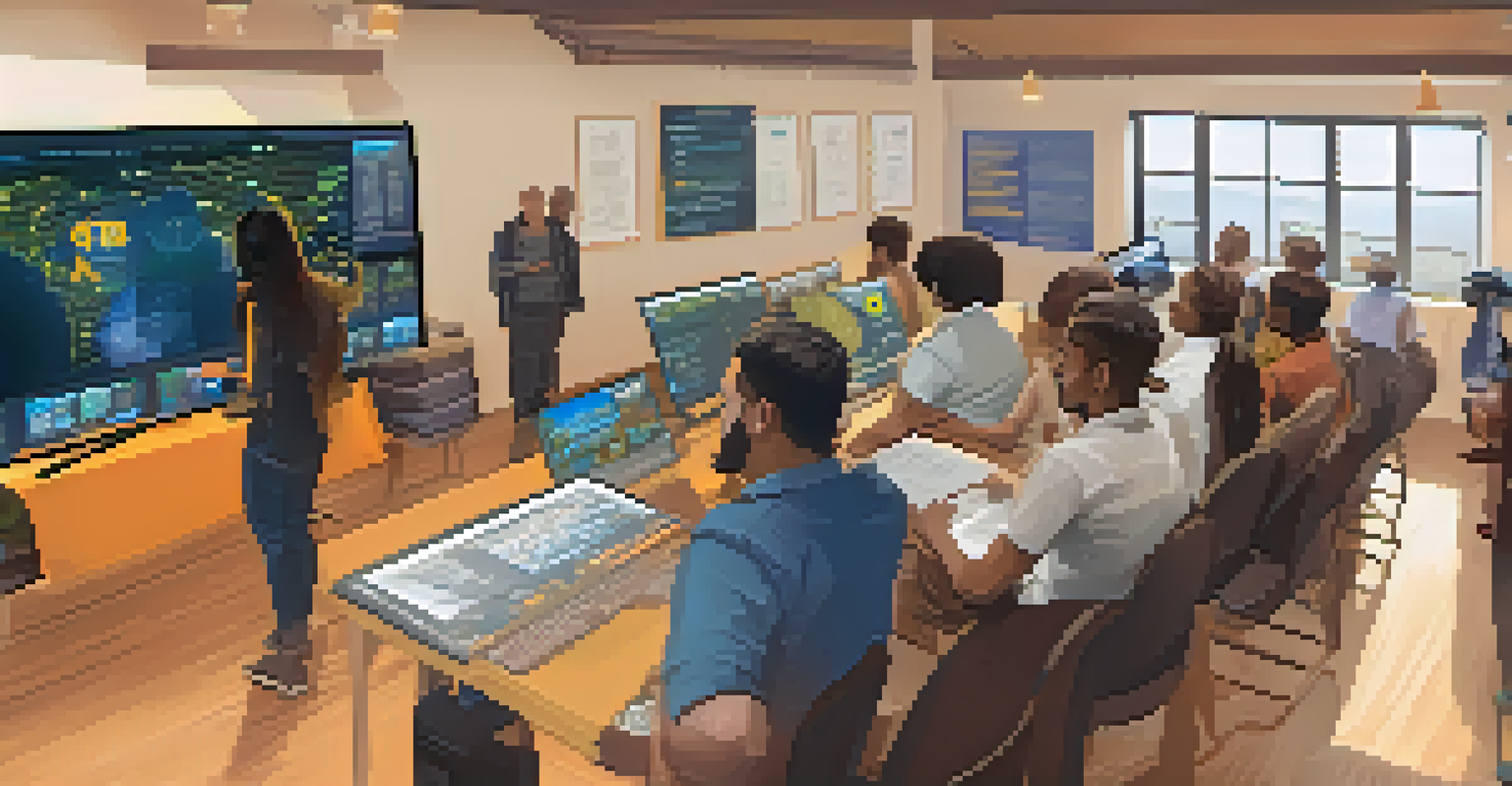 A community workshop where people are learning about Bitcoin, with an instructor and a screen showing informative graphics.