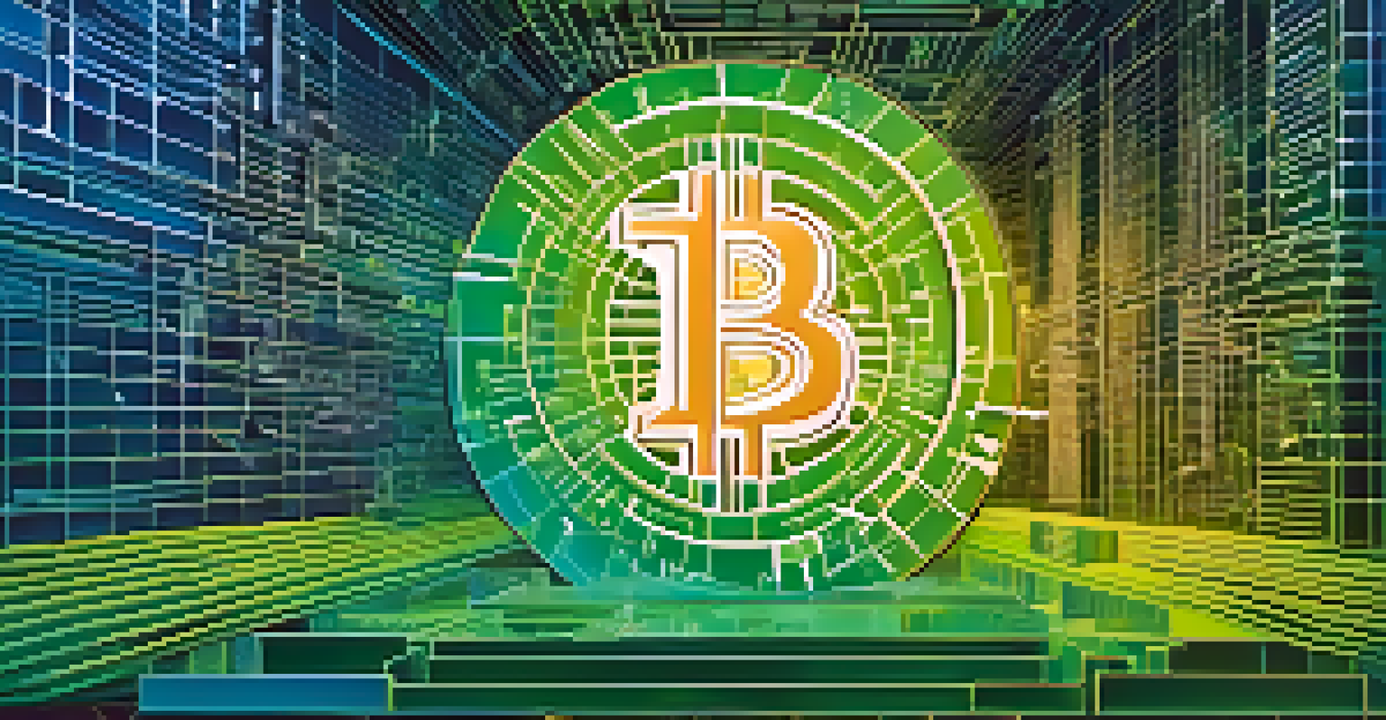 An abstract image showing a bank vault on one side and a glowing Bitcoin logo on the other, with a gradient background.