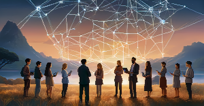 A serene landscape showing diverse individuals with digital devices, surrounded by a glowing network representing blockchain technology in a twilight setting.