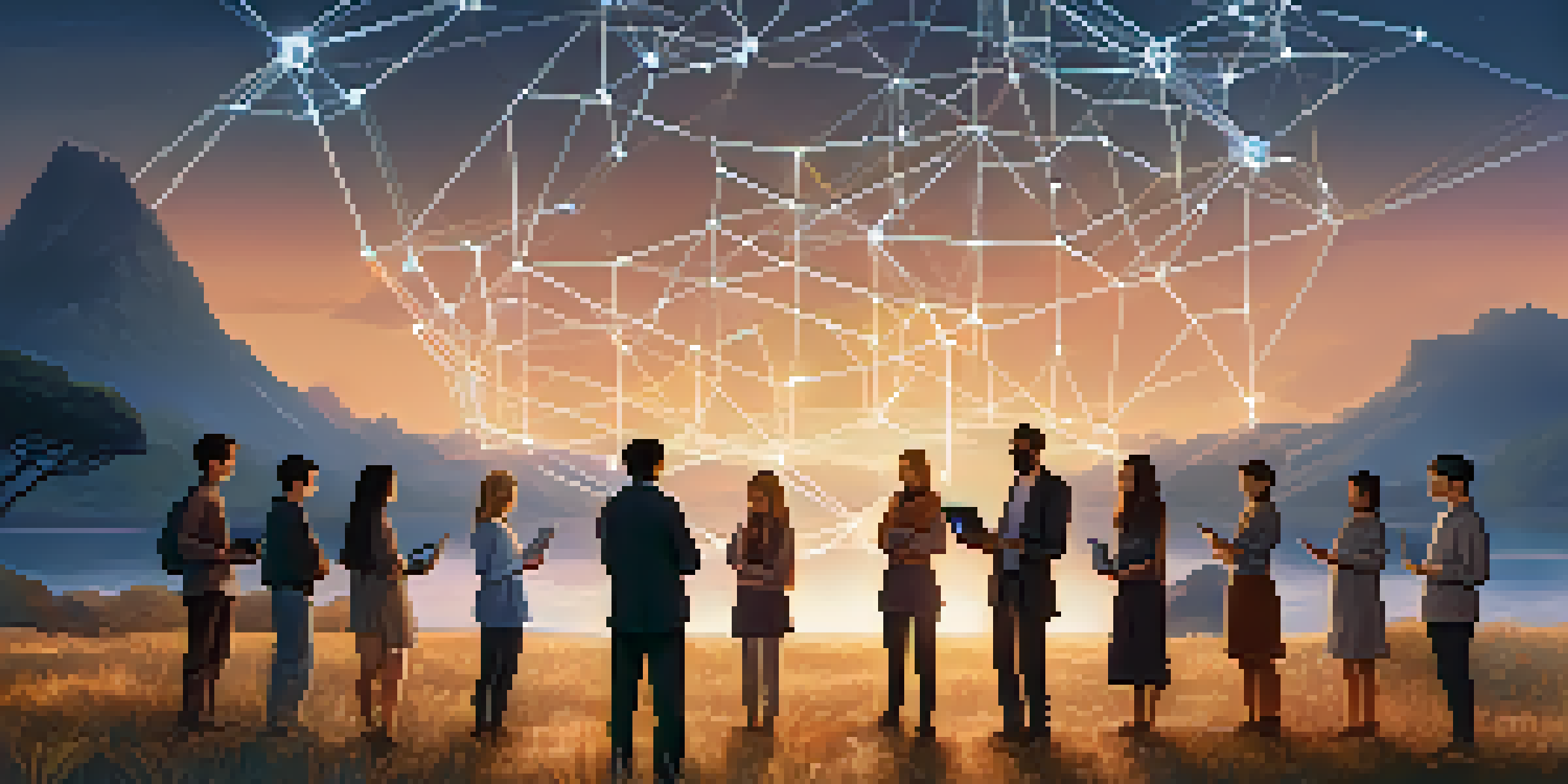 A serene landscape showing diverse individuals with digital devices, surrounded by a glowing network representing blockchain technology in a twilight setting.
