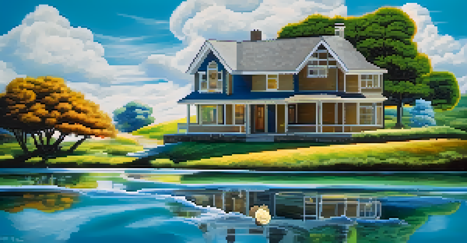 An abstract image with a fast stream of coins on one side and a calm pond with a house on the other, representing liquidity in investments.