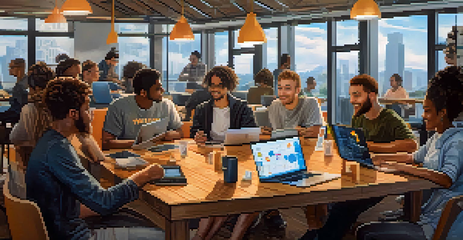 A diverse group of young people discussing Bitcoin in a bright co-working space with laptops and notes.
