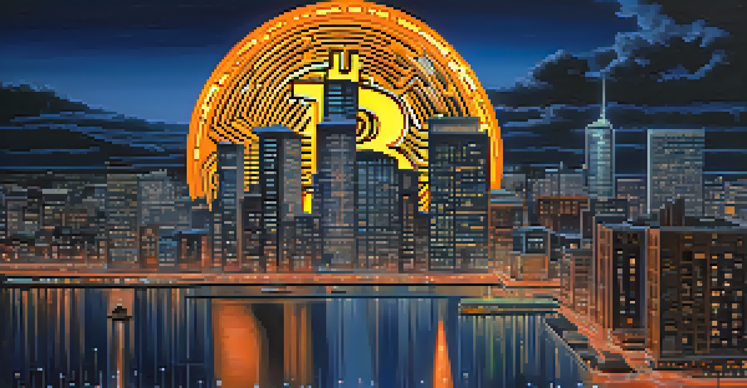 A city skyline at dusk with a large illuminated Bitcoin symbol against a colorful sky.