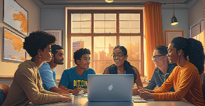 A diverse group of new investors discussing Bitcoin education around a table with laptops and charts.