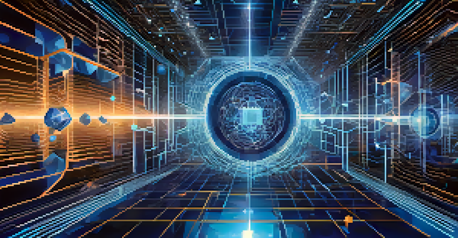 A visual representation of blockchain technology in gaming, displaying interconnected digital assets in a holographic interface with geometric patterns.