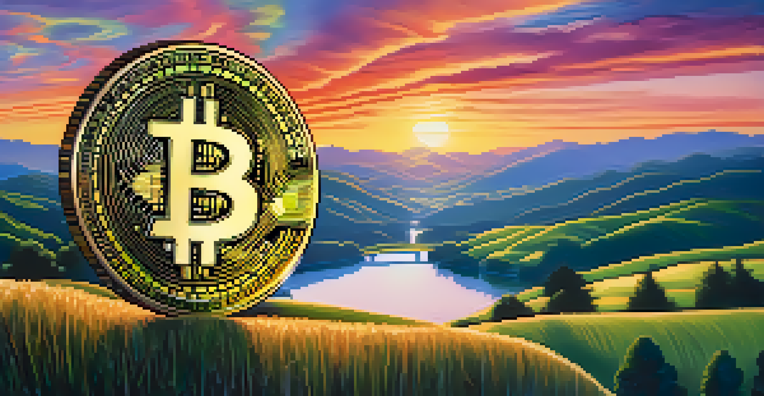 A digital Bitcoin symbol glowing against a sunset backdrop with rolling hills and a calm lake.