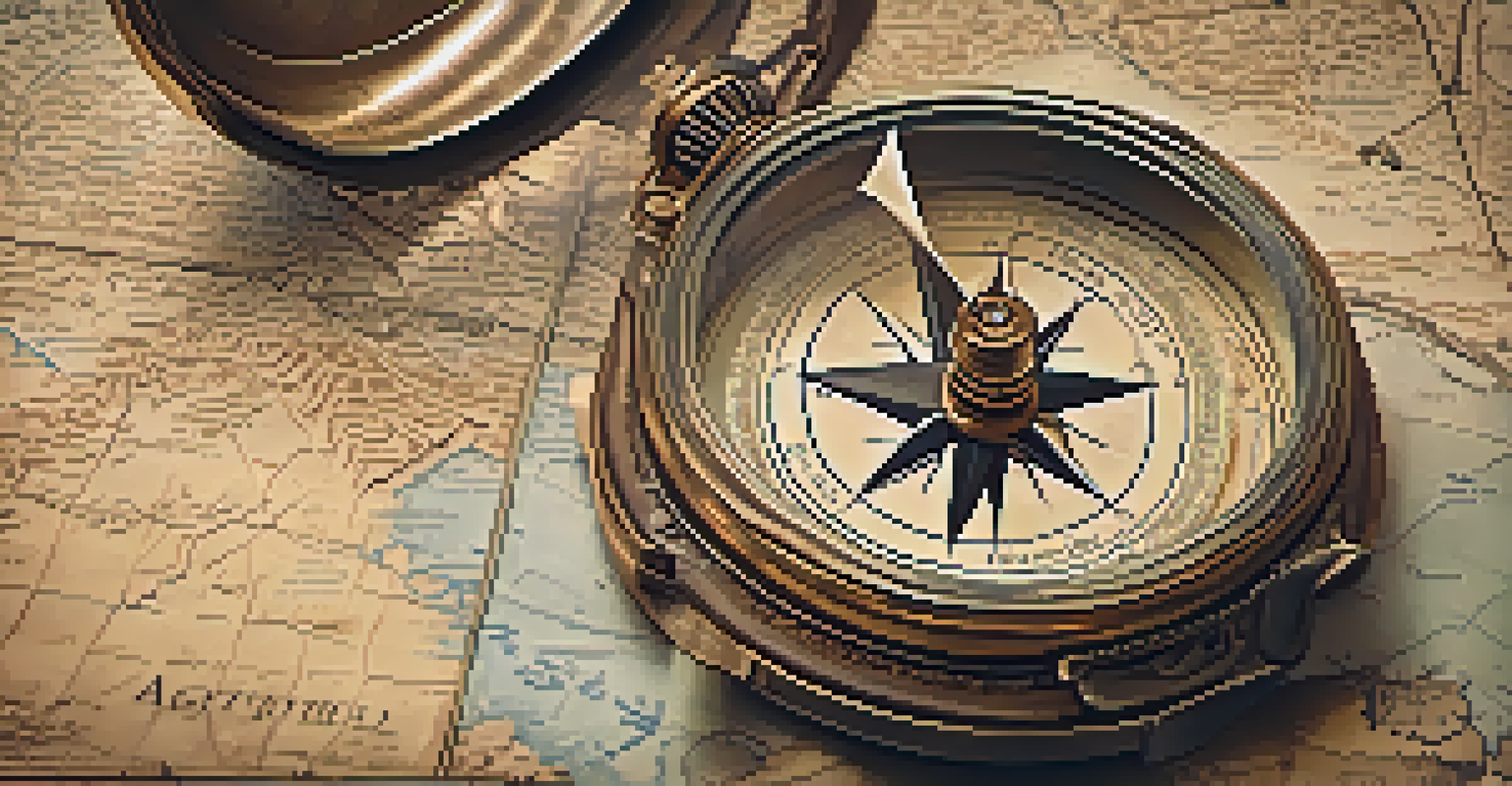 An antique compass on a vintage map, with warm light highlighting the details.