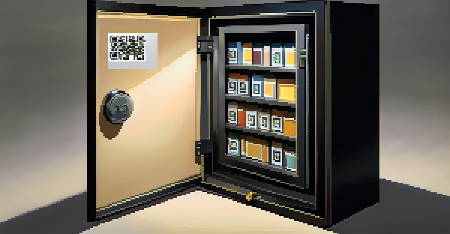 A paper wallet with a printed QR code inside a slightly open locked safe, glowing warm light from within, symbolizing security.