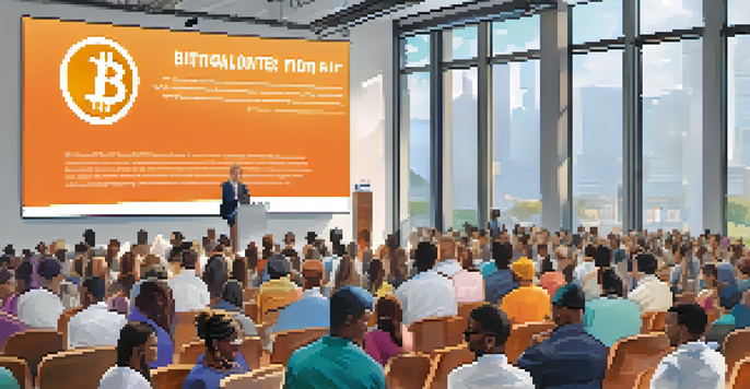 A modern charity event with people donating Bitcoin using smartphones, bright conference room, and charity logos on banners.