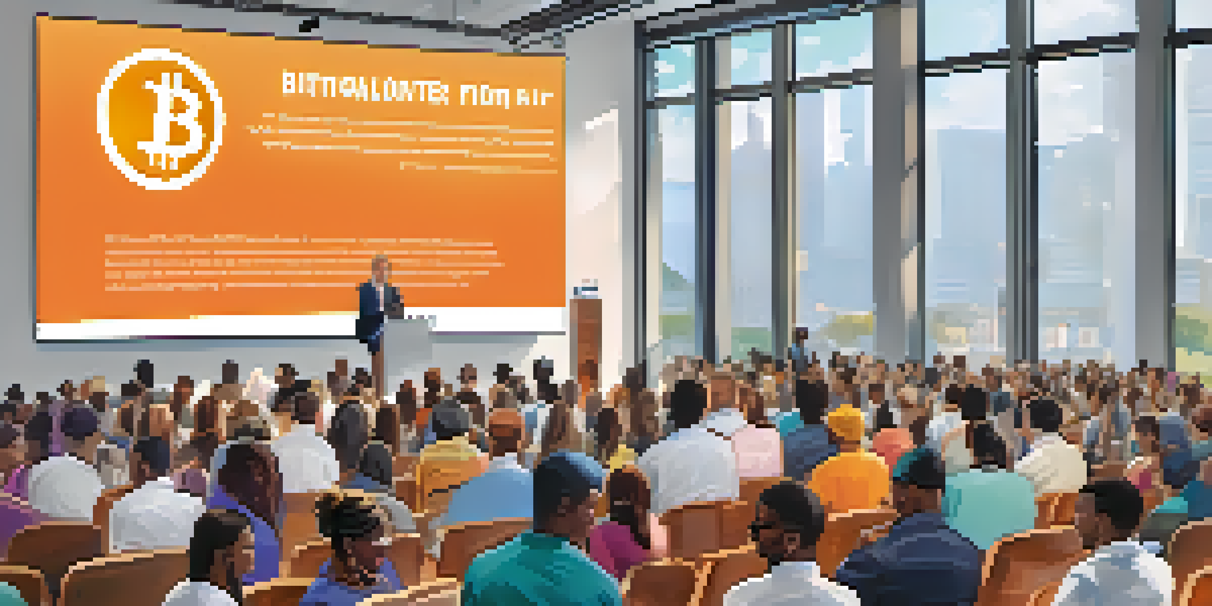 A modern charity event with people donating Bitcoin using smartphones, bright conference room, and charity logos on banners.