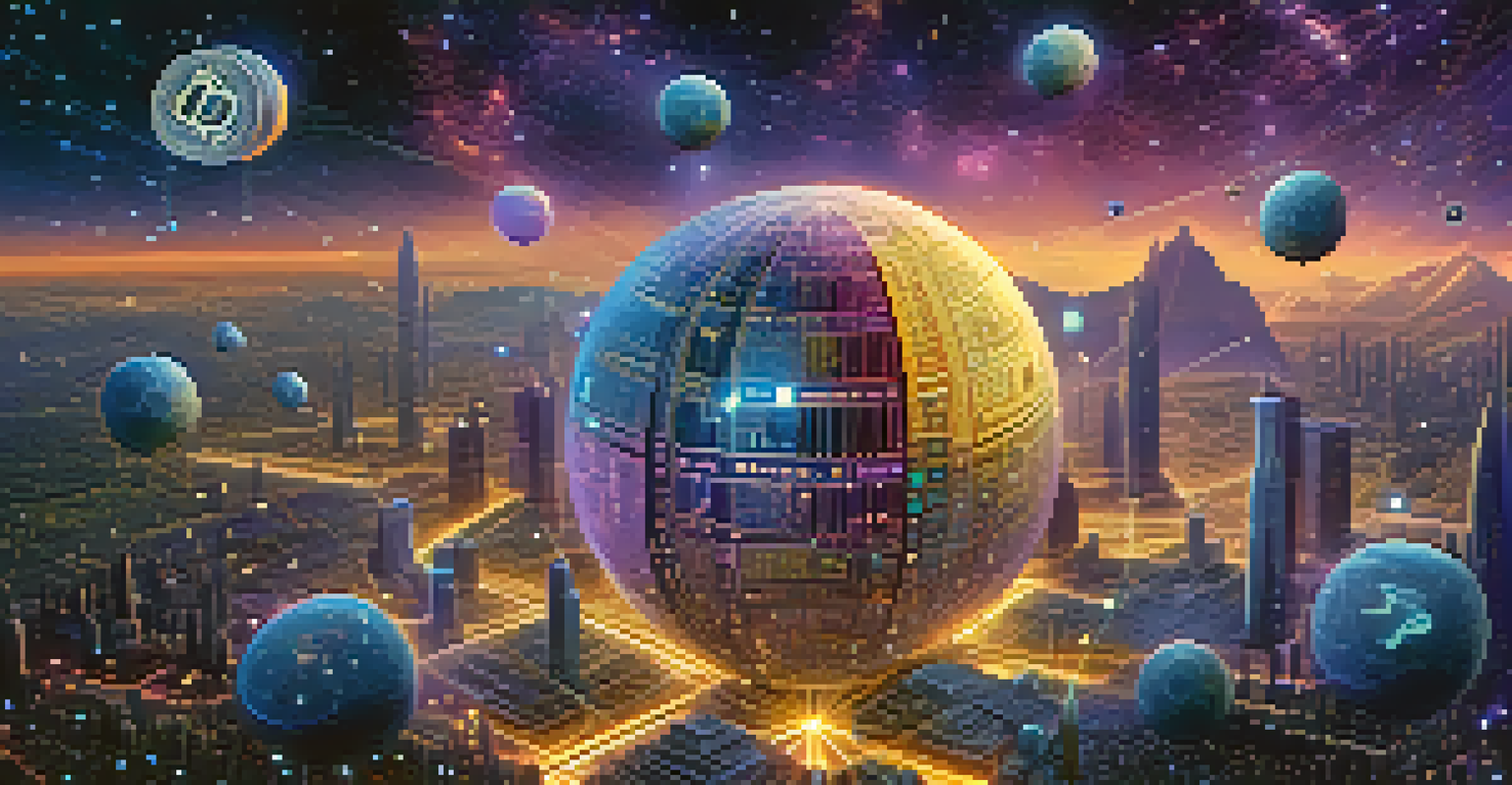 An artistic digital landscape illustrating Bitcoin and blockchain technology, with glowing symbols and a cosmic background filled with stars.
