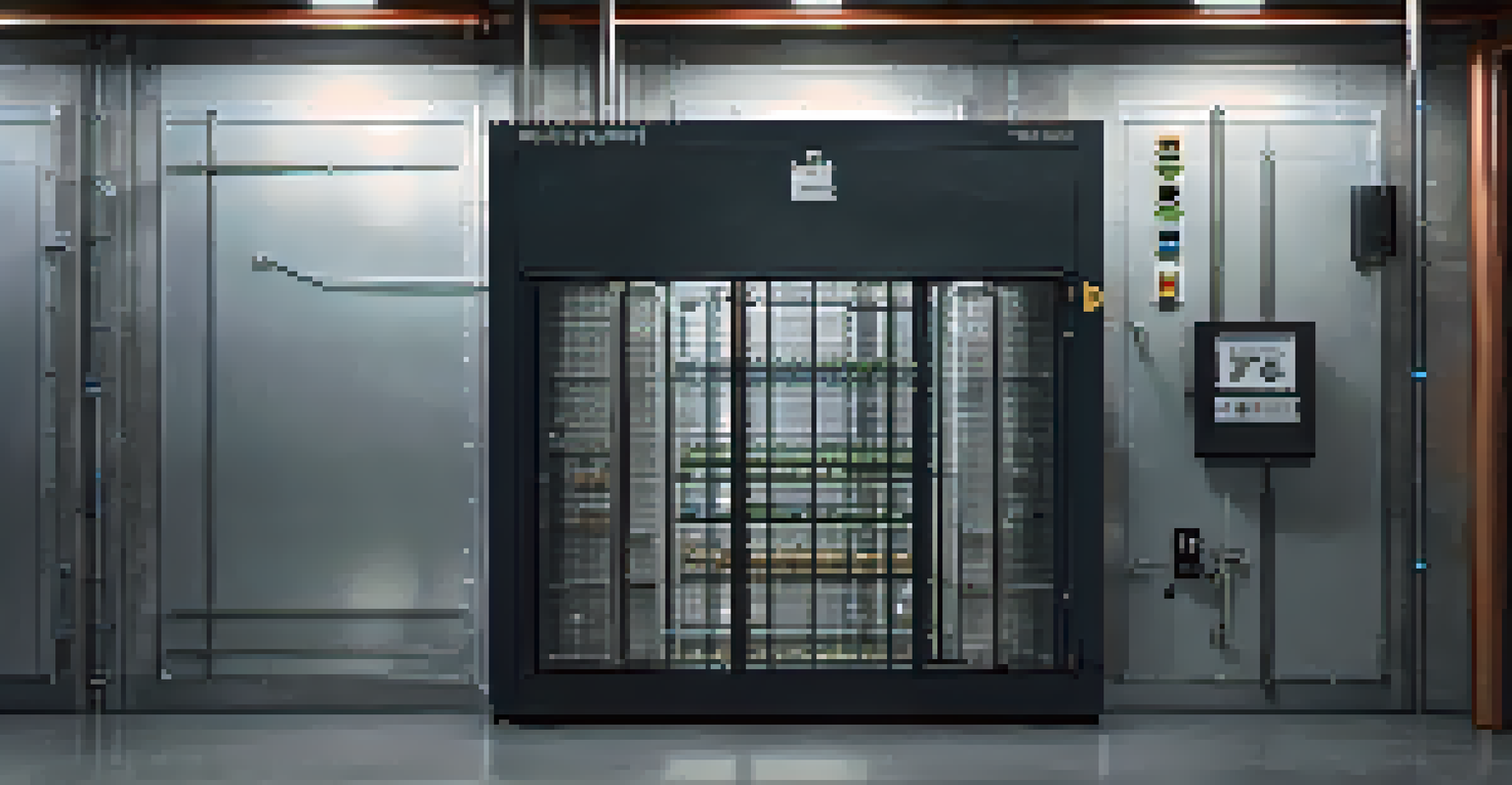 A secure safe with a combination lock in a dimly lit room, surrounded by security features.