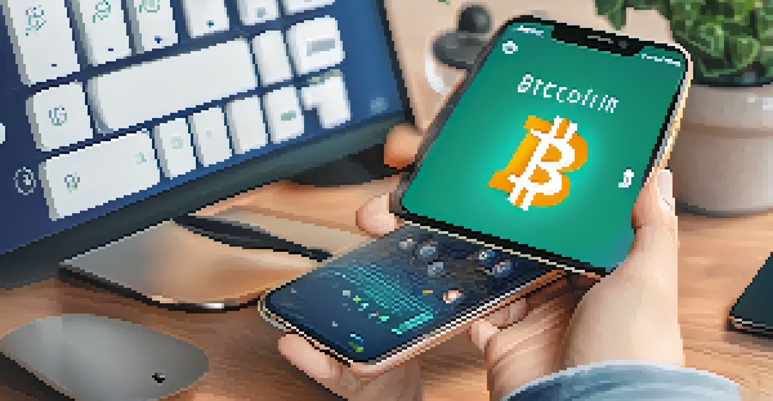 Close-up image of hands holding a smartphone with a cryptocurrency wallet app, in a modern home office setting.