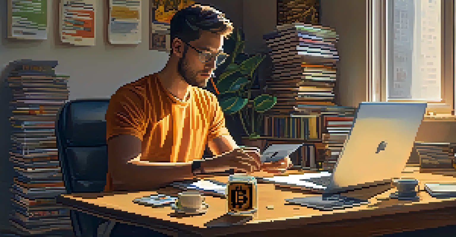 A person working on a laptop at a desk, checking their Bitcoin wallet, surrounded by cryptocurrency books and gadgets in a well-lit room.