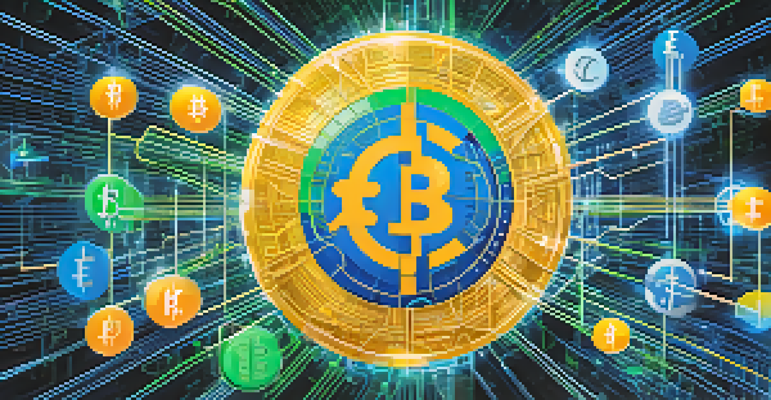 An abstract image representing Central Bank Digital Currencies with national flags and glowing digital currency symbols, illustrating the interconnectedness of global finance.