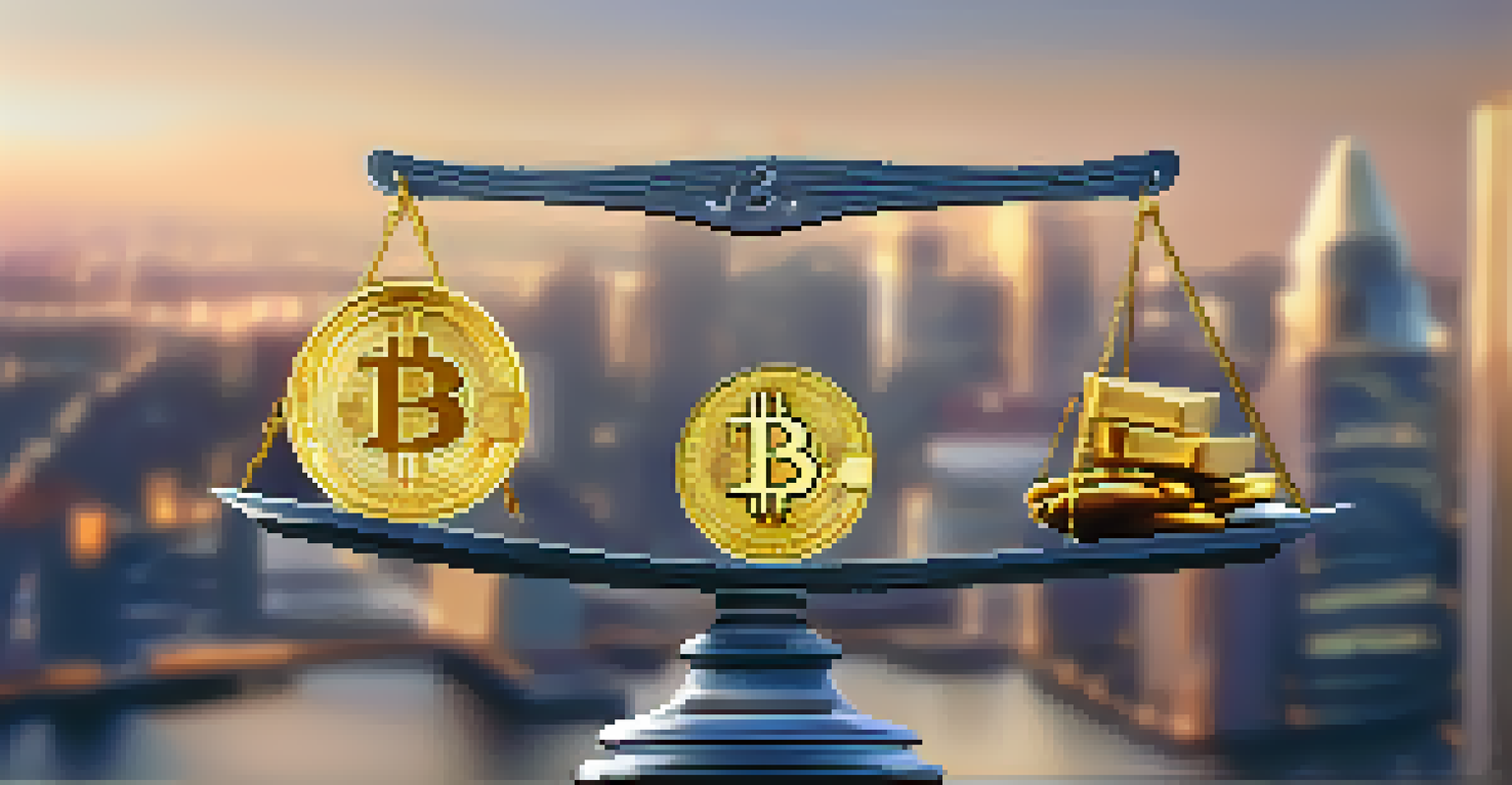 A balance scale comparing a Bitcoin and a gold bar with a blurred financial district background.