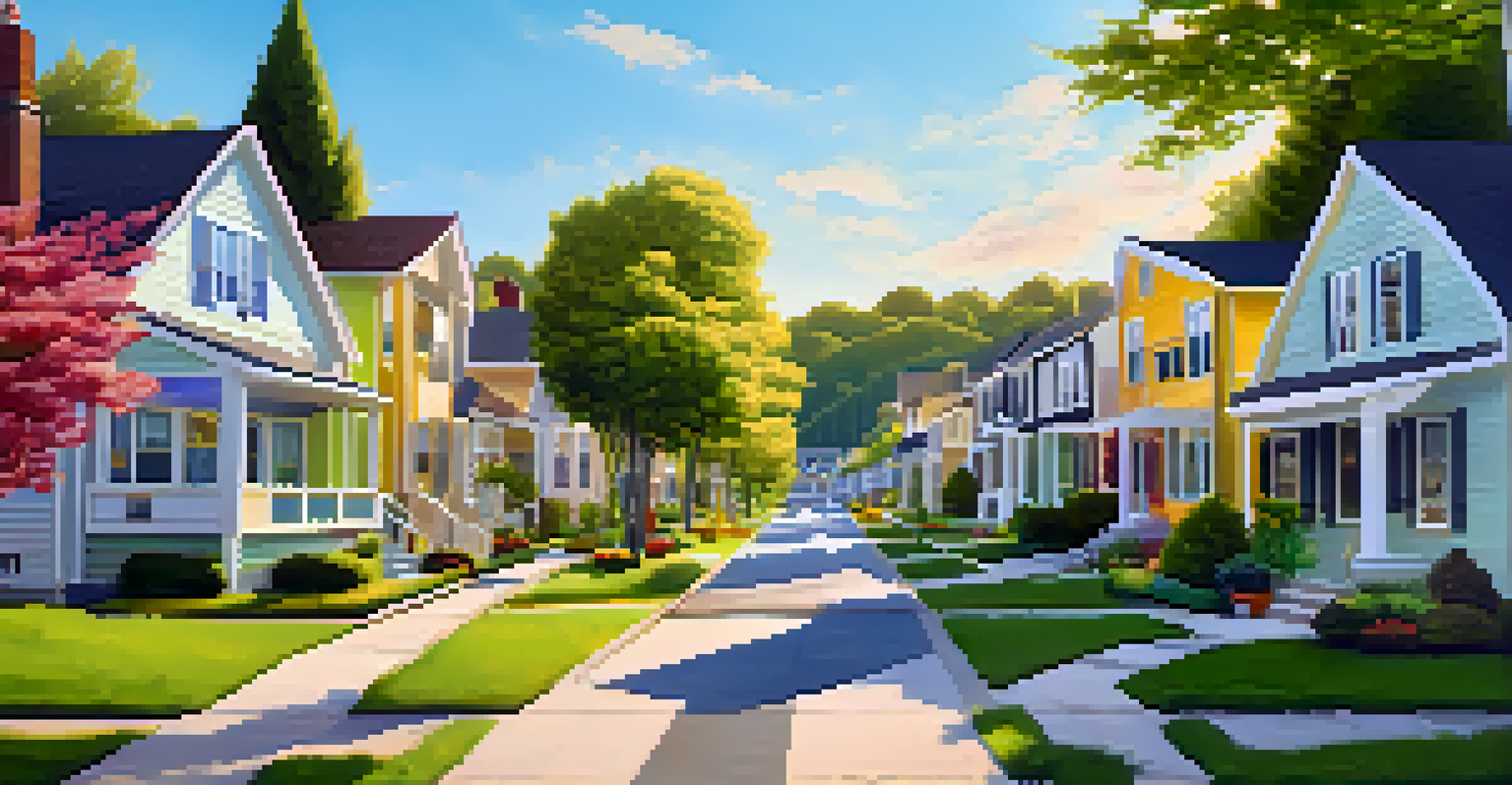 A peaceful neighborhood with houses for sale, showcasing signs with a Bitcoin logo under warm afternoon sunlight.