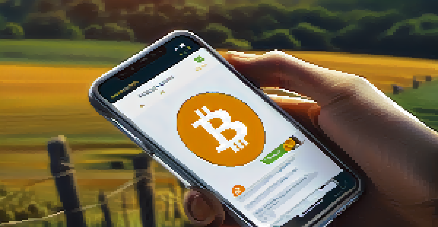 A close-up of a person holding a smartphone showing a Bitcoin wallet app in a rural setting.