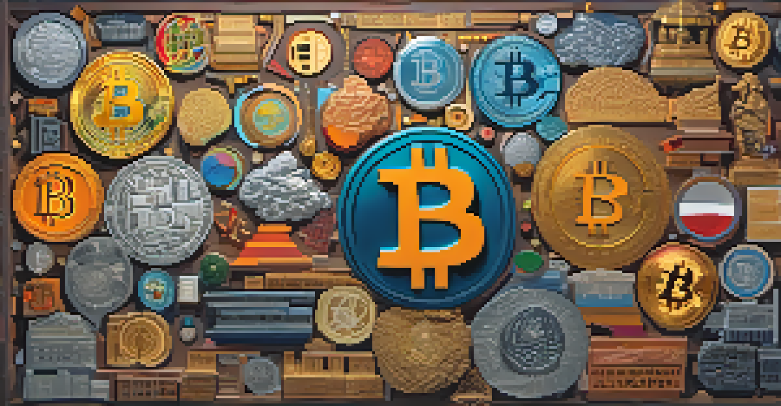 A digital collage showcasing various Bitcoin symbols, representing its cultural evolution and community.