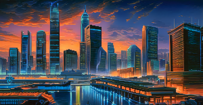 A city skyline at dusk with traditional banks and modern cryptocurrency offices illuminated by neon lights.